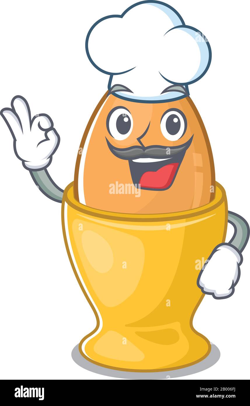 Egg cup cartoon character working as a chef and wearing white hat Stock