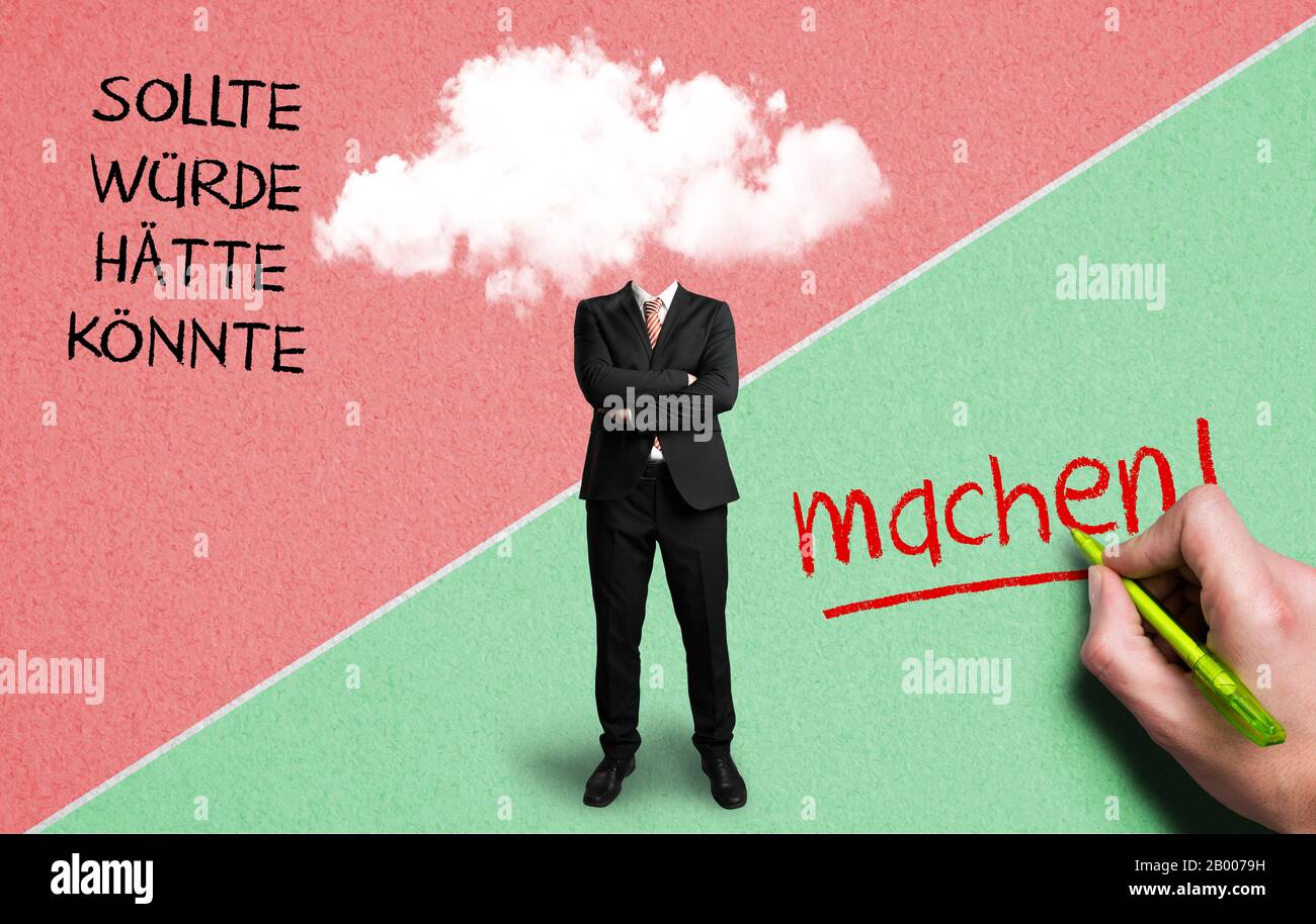 businessman with a cloud as a head with German words for "should, would, could, do!" on paper background Stock Photo
