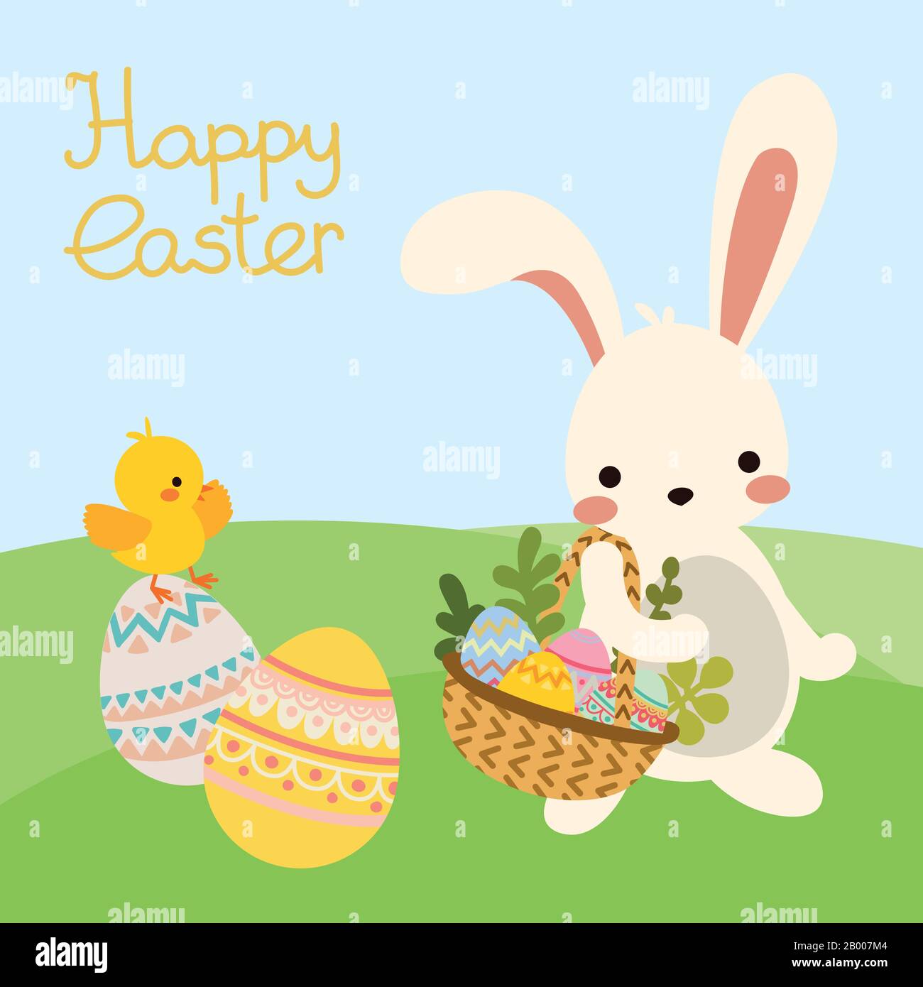 Vector easter bunny with basket, eggs. Landscape Stock Vector