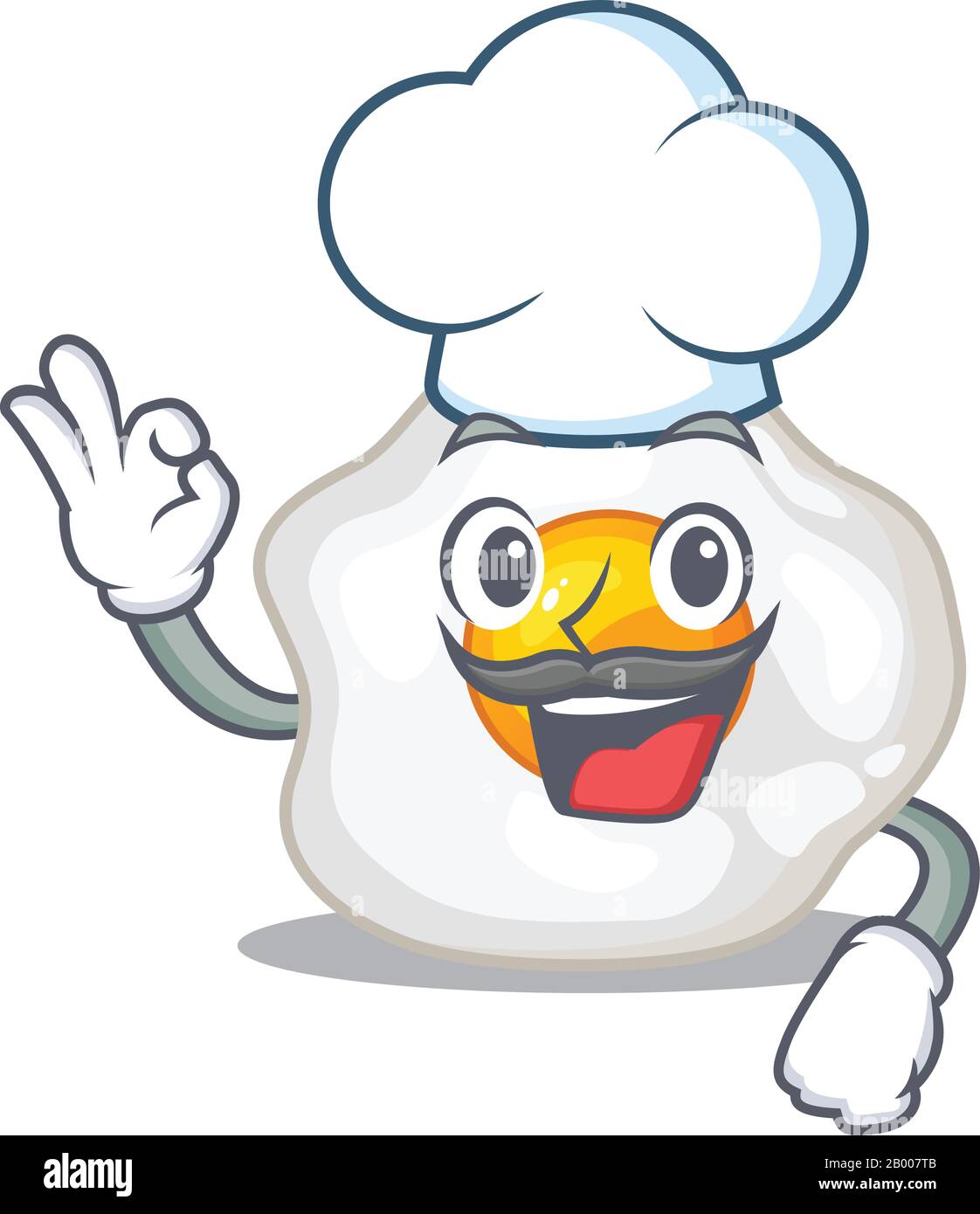 Fried egg cartoon character working as a chef and wearing white hat