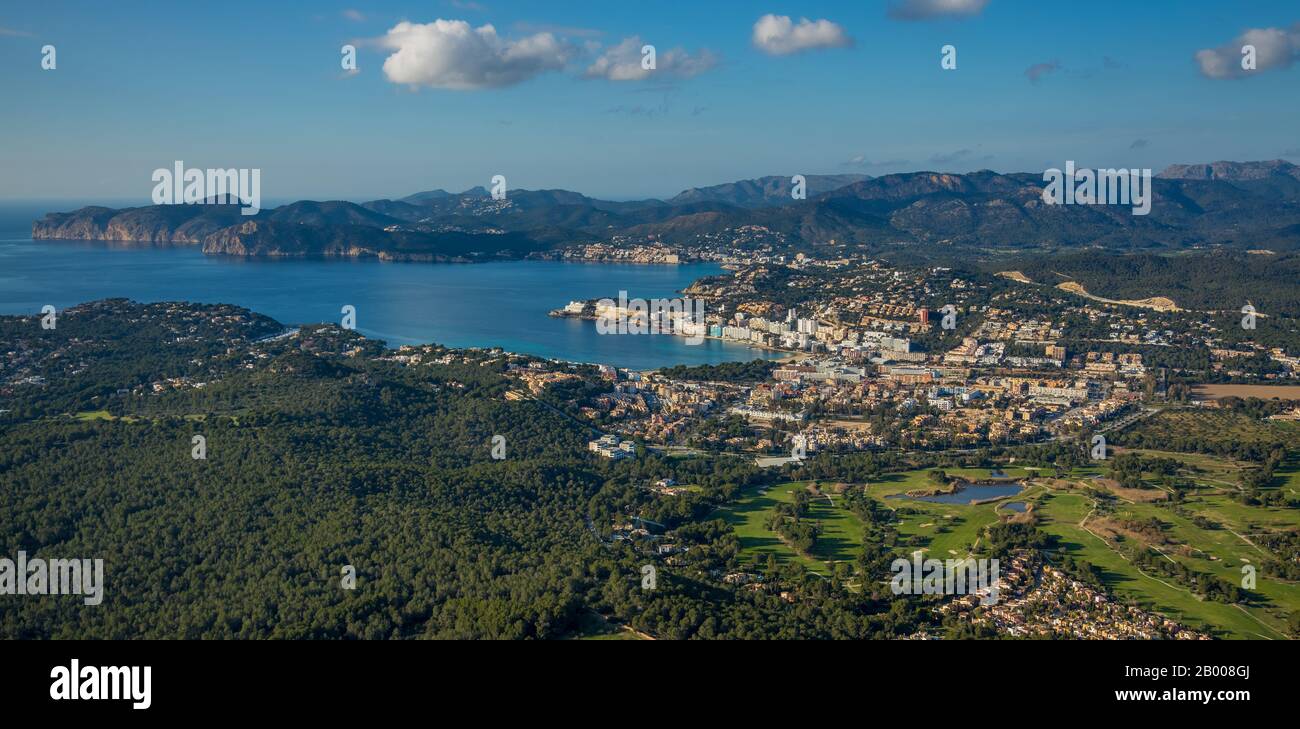 Aerial view, Playa Santa Ponsa, Local view Santa Ponsa, Calvià, Mallorca, Spain, Europe, Balearic Islands, fallow land, ES, Espana, distant view, golf Stock Photo