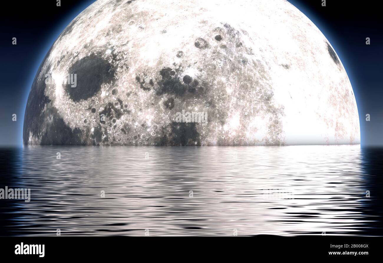 A look out across calm water with a full moon rising on the horizon at night - 3D render Stock Photo
