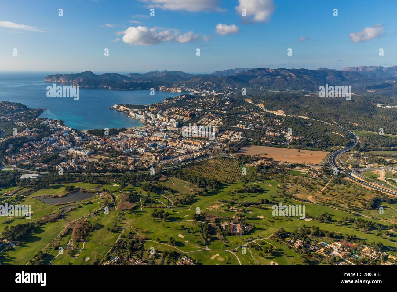 Aerial view, Playa Santa Ponsa, Local view Santa Ponsa, Calvià, Mallorca, Spain, Europe, Balearic Islands, fallow land, ES, Espana, distant view, golf Stock Photo