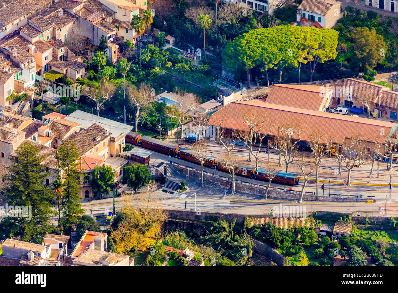 Aerial view, Ferrocarril de Sóller, tramway, railway company, Plaça d'Espanya , Sóller, Europe, Balearic Islands, Spain, ES, Espana, Mallorca, passeng Stock Photo