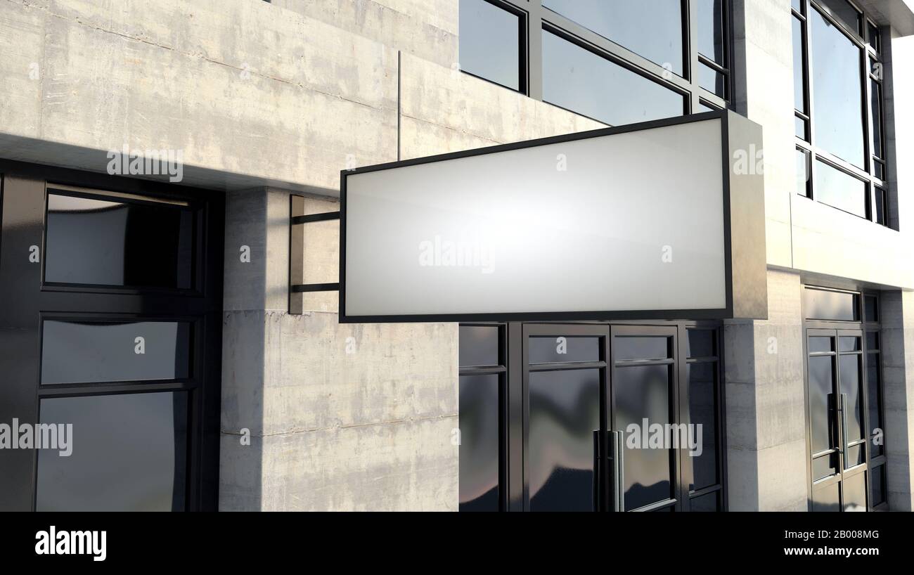 A rectangular lightbox sign mounted outside a generic unbranded shop facade on the high street in the daytime - 3D render Stock Photo