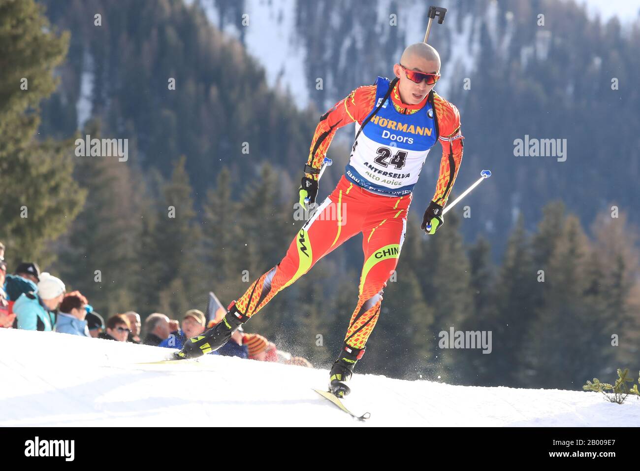 Fangming Cheng (CHN) during the 10km sprint at the IBU Biathlon World Championships, Saturday, Feb. 15, 2020, at Anterselva Antholz, Italy. (Pierre Teyssot/Image of Sport) Photo via Credit: Newscom/Alamy Live News Stock Photo