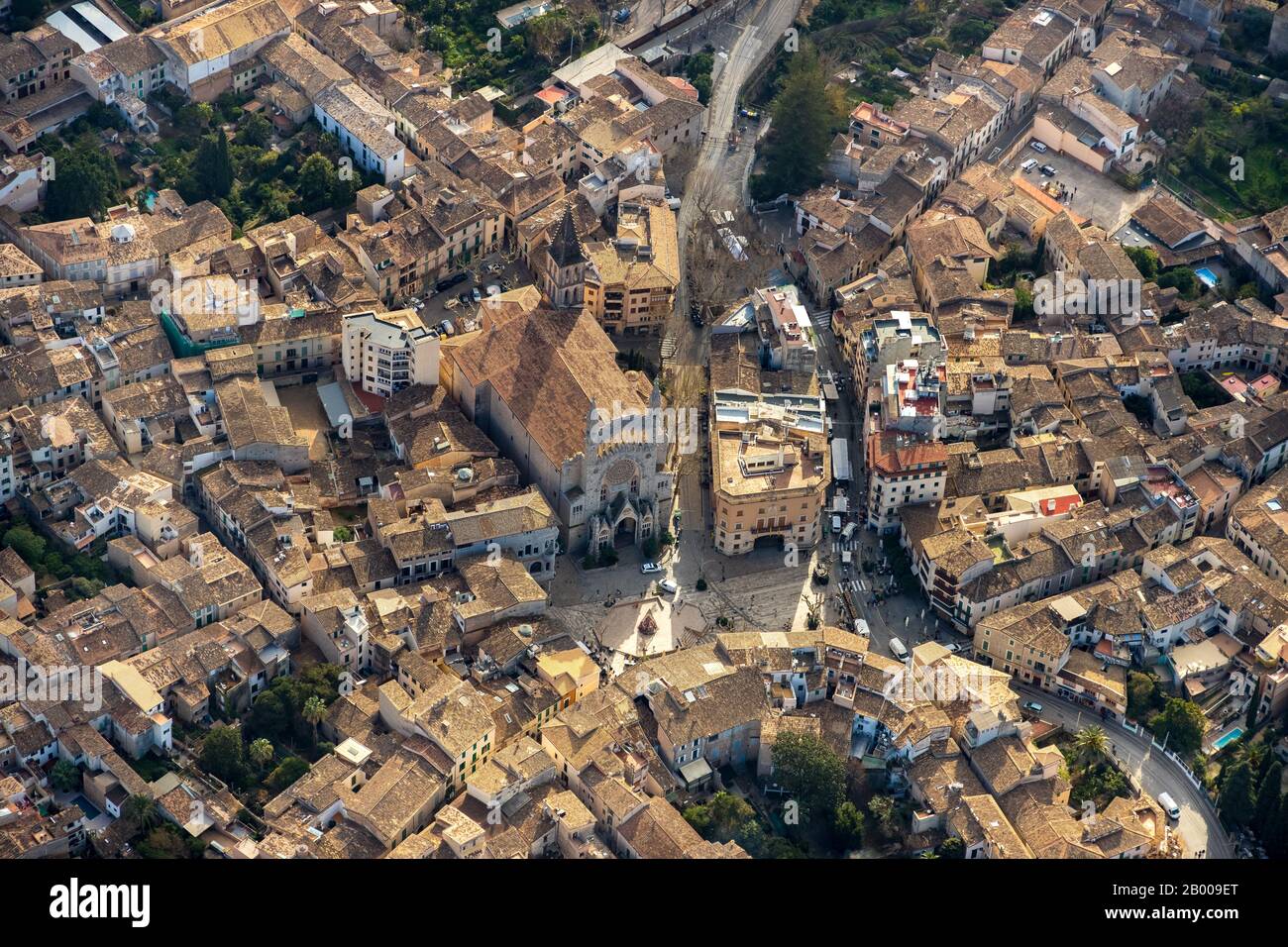 Aerial view, town view and city centre of Sóller, Sóller, Europe, Balearic Islands, Spain, old town, ES, Església parroquial de Sant Bartomeu de Sólle Stock Photo