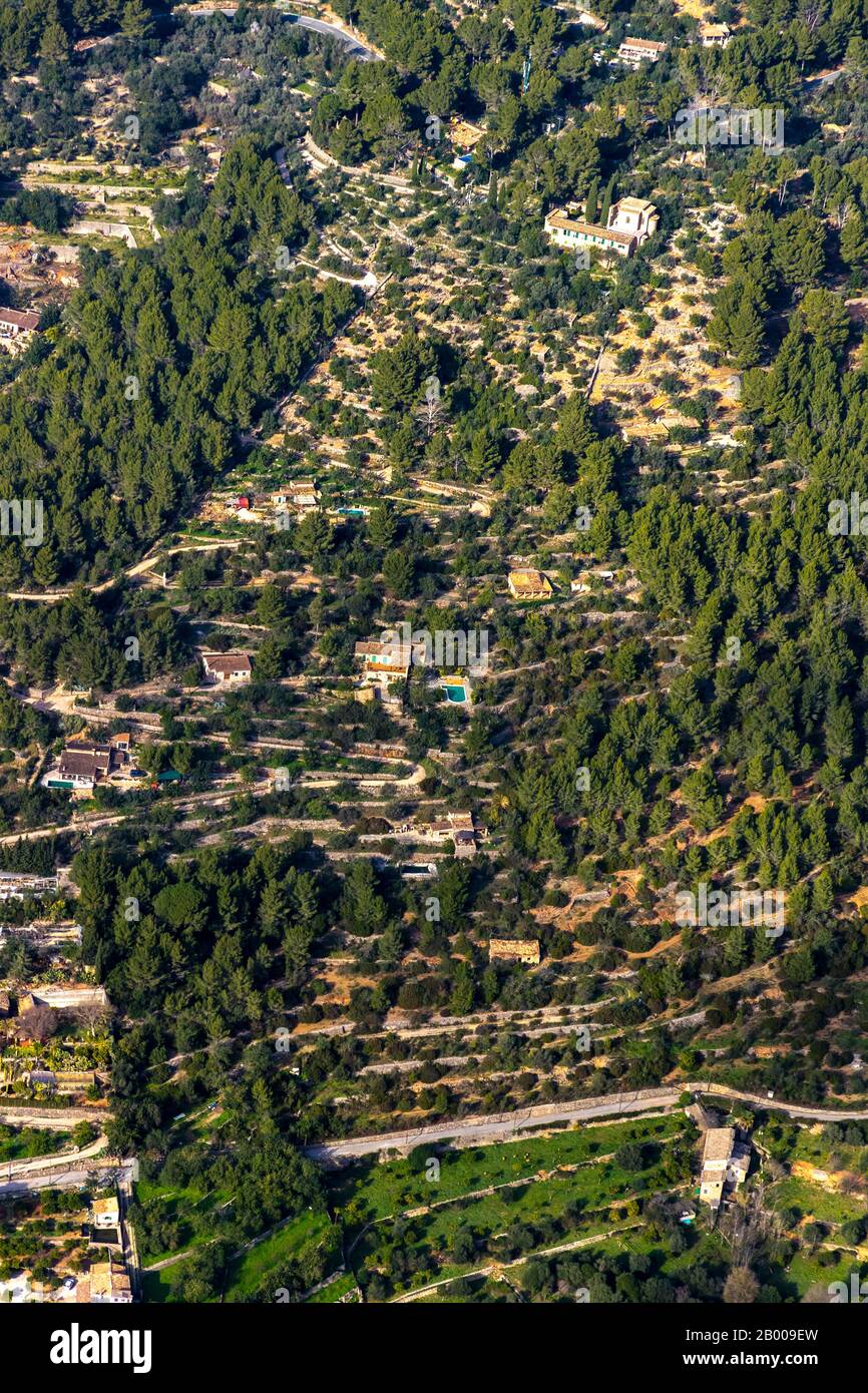 Aerial view, Finca in the mountains, L'Horta, Sóller, Europe, Balearic Islands, Spain, Diseminado Sector Num 4, ES, Espana, Holiday home, Finca, Leisu Stock Photo