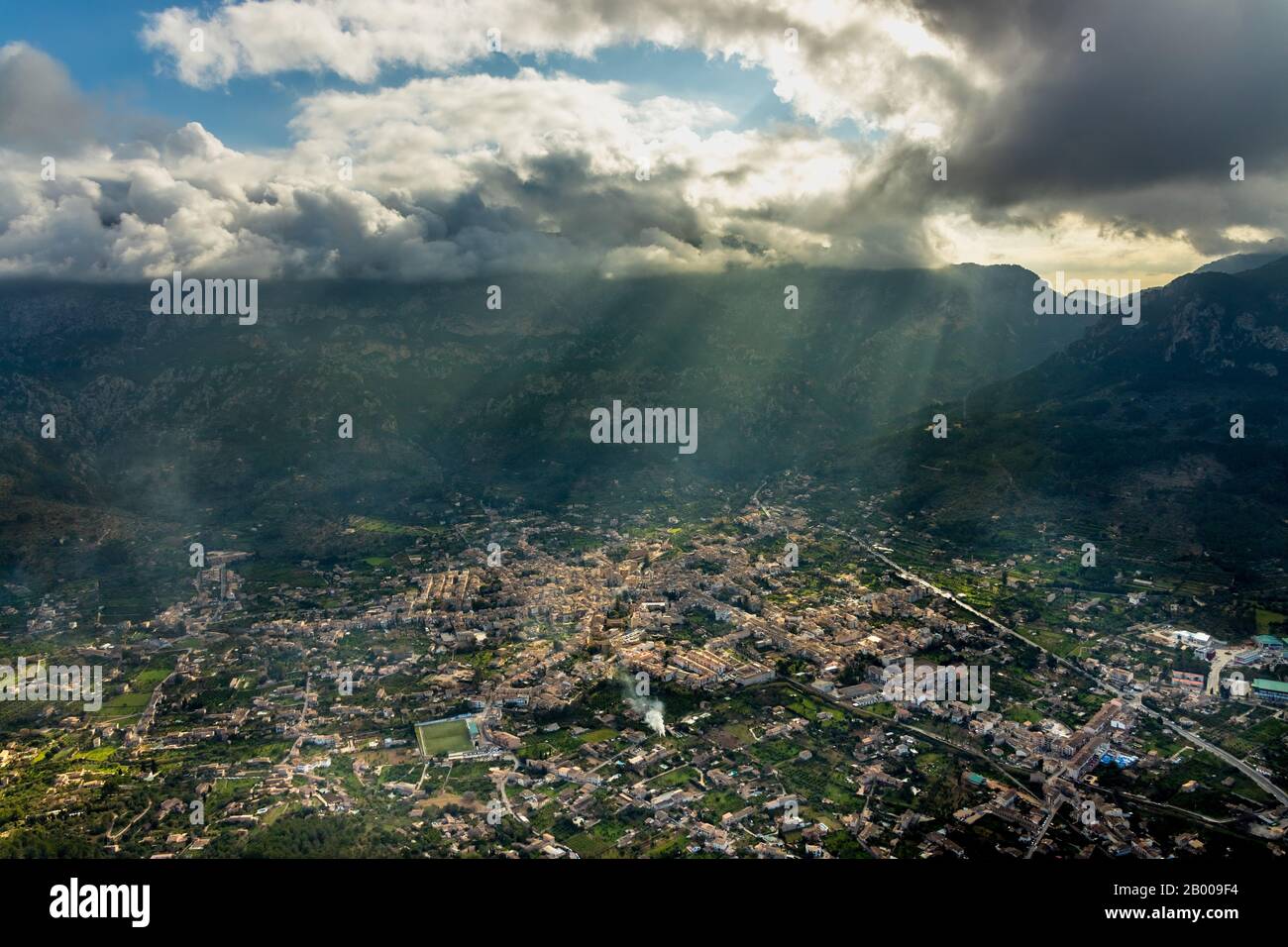 Aerial view, town view and city centre of Sóller, Serra de Tramuntana mountain range, Sóller, Europe, Balearic Islands, Spain, Camp De Futbol Ca'n Mai Stock Photo