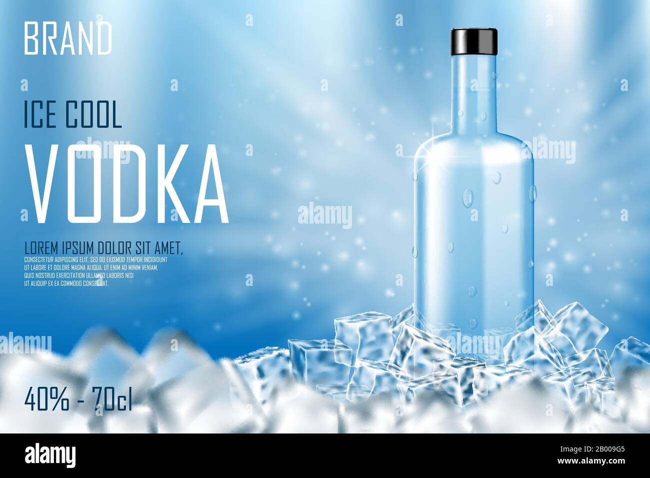 Vodka bottle with ice cubes ad. Strong alcohol drink mock up on shiny blue background and water drops. Vodka advertising banner. Realistic 3d vector Stock Vector