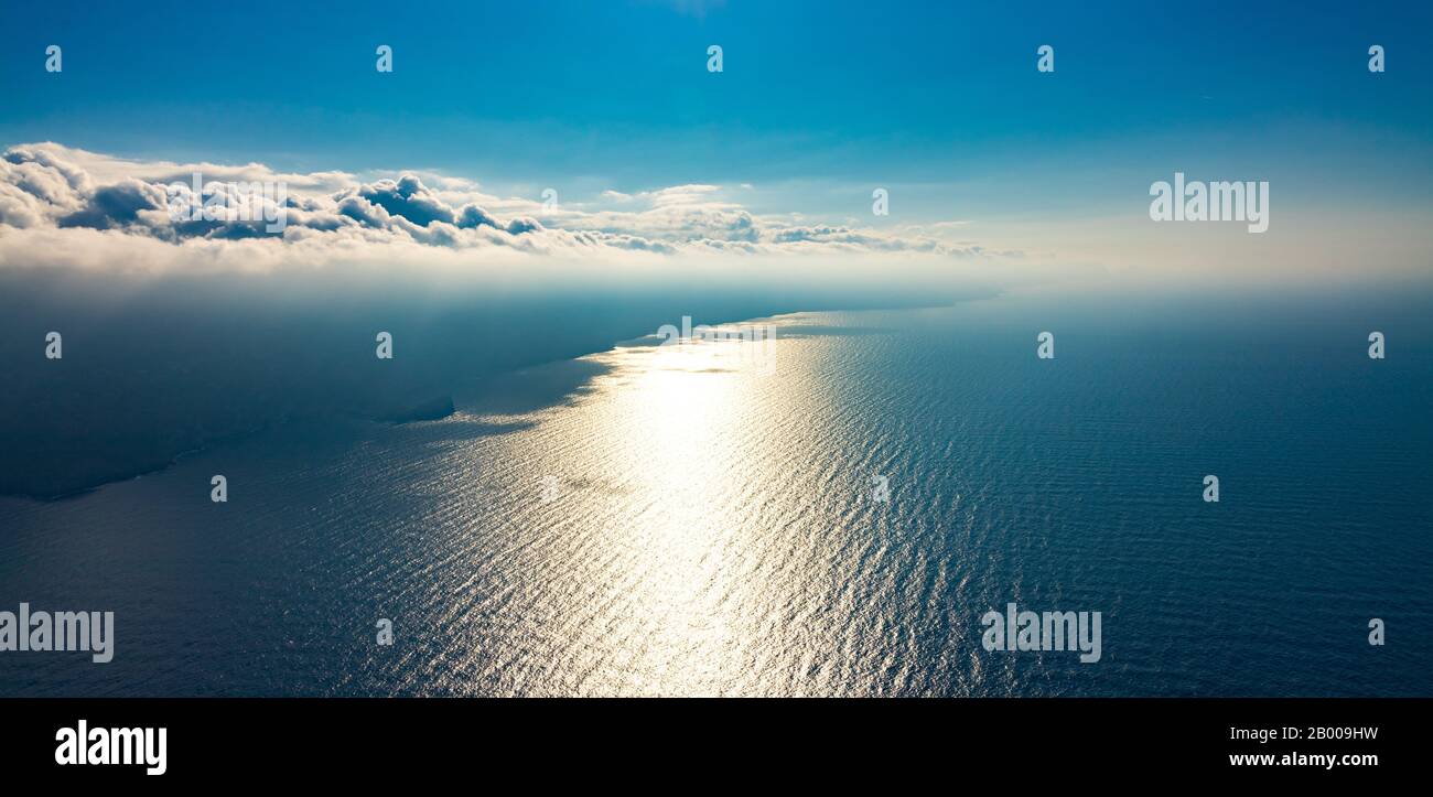 Aerial photo, Blue sea and clouds and blue sky, Europe, Balearic Islands, Spain, ES, Espana, distant view, shapes and colours, Mallorca, sea, travel, Stock Photo