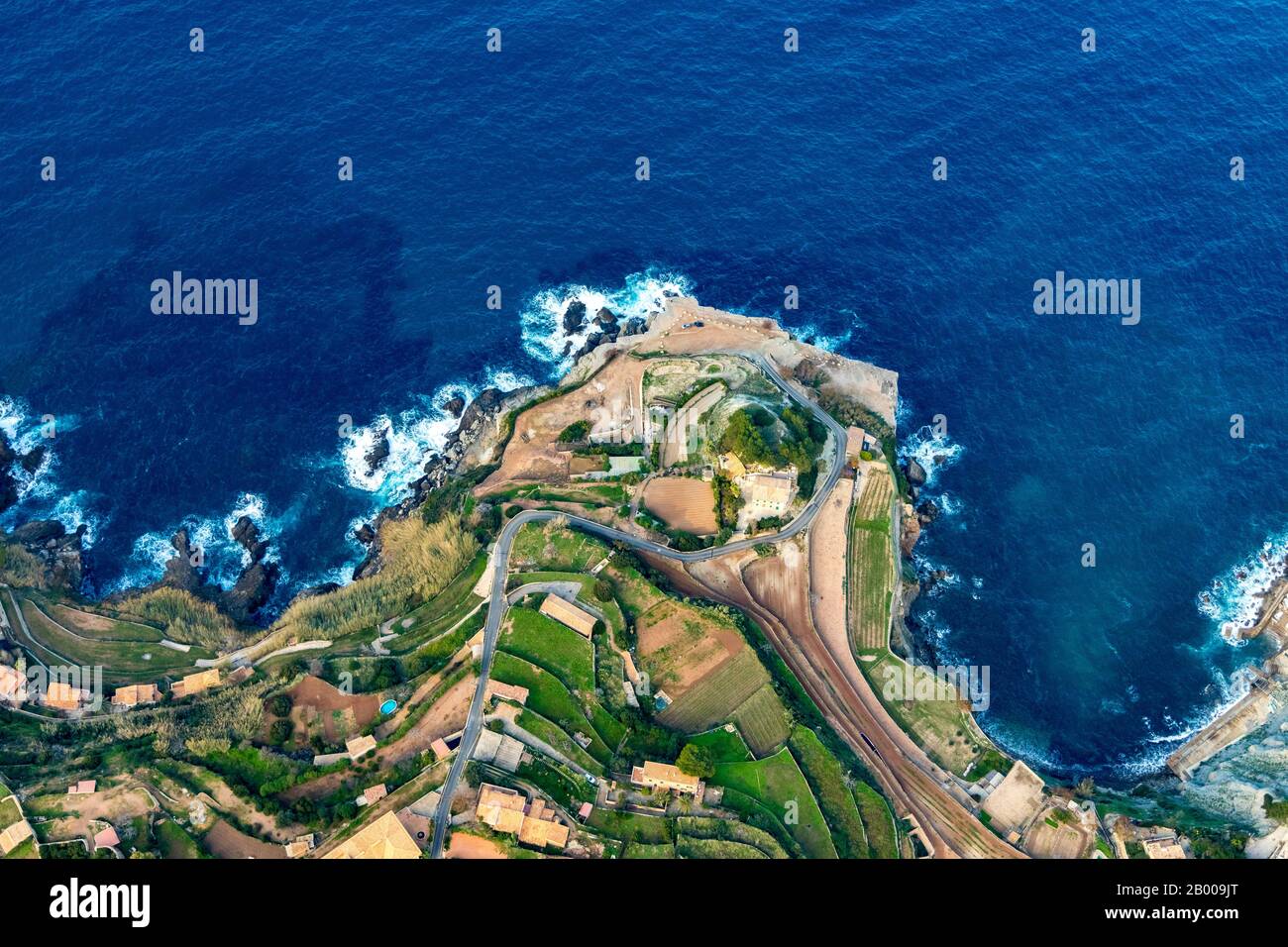 Aerial view, Terraced terrain at the place Banyalbufar, Europe, Balearic Islands, Spain, Viewing platform, Banyalbufar, ES, Espana, Coast, Coastal reg Stock Photo