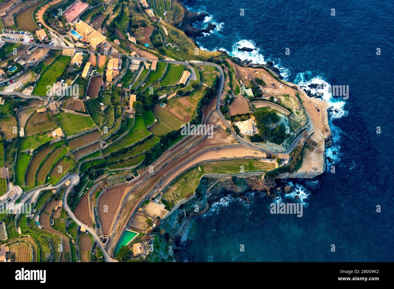 Aerial view, Terraced terrain at the place Banyalbufar, Europe, Balearic Islands, Spain, Viewing platform, Banyalbufar, ES, Espana, Coast, Coastal reg Stock Photo