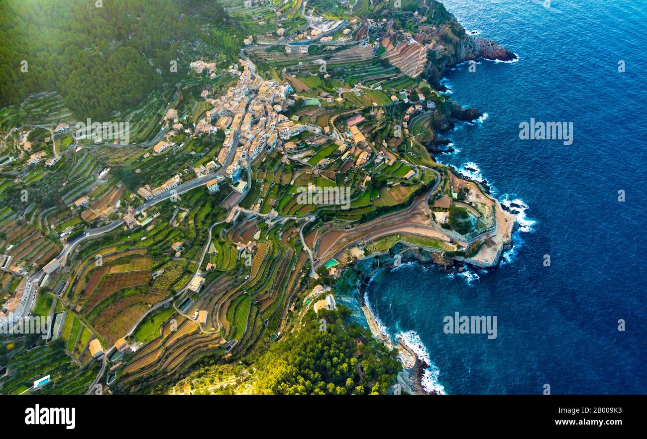 Aerial view, Terraced terrain at the place Banyalbufar, Europe, Balearic Islands, Spain, Viewing platform, Banyalbufar, ES, Espana, Coast, Coastal reg Stock Photo