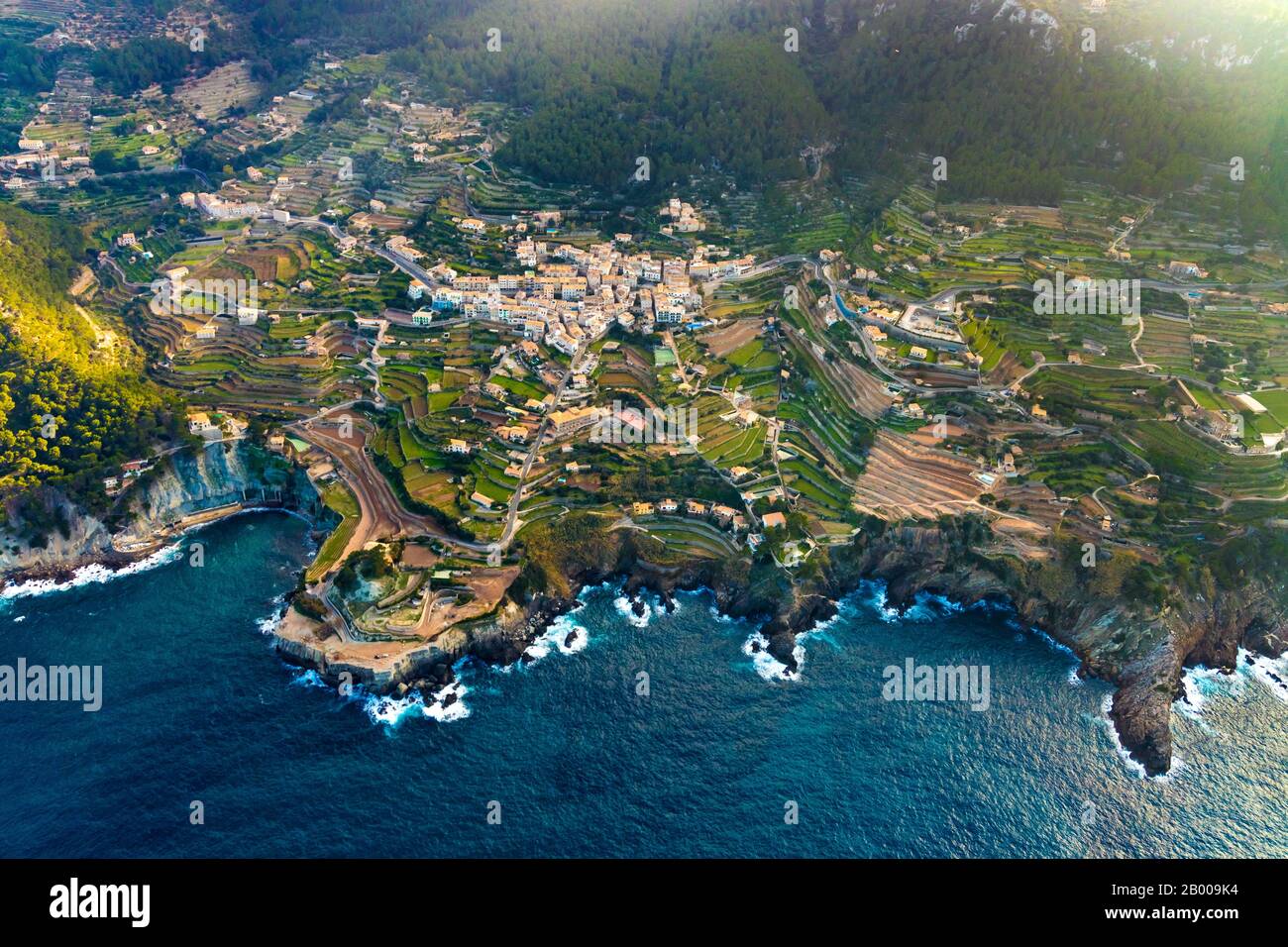 Aerial view, Terraced terrain at the place Banyalbufar, Europe, Balearic Islands, Spain, Viewing platform, Banyalbufar, ES, Espana, Coast, Coastal reg Stock Photo