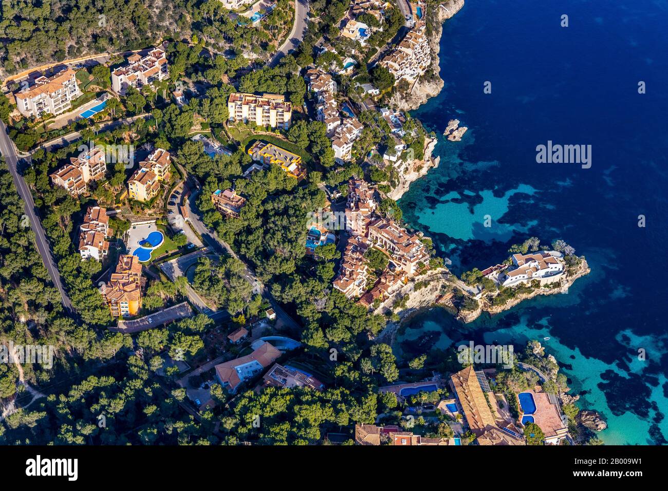 Aerial view, holiday resort Cala Fornells, sailing boats in the bay of Santa Ponça, Paguera, Mallorca, Europe, Balearic Islands, Spain, boats, bay, ES Stock Photo