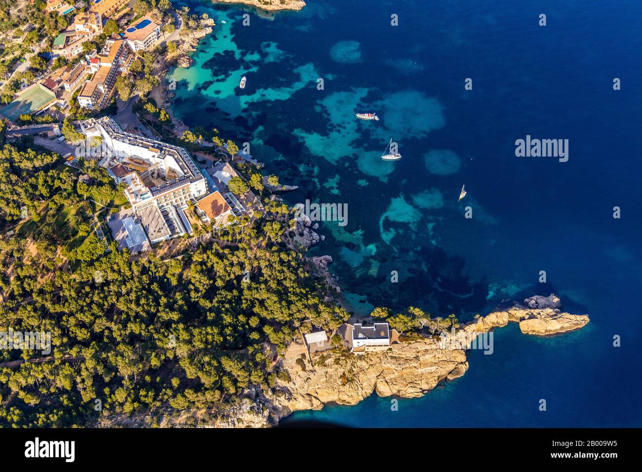 Aerial view, holiday resort Cala Fornells, sailing boats in the bay of Santa Ponça, Paguera, Mallorca, Europe, Balearic Islands, Spain, boats, bay, ES Stock Photo
