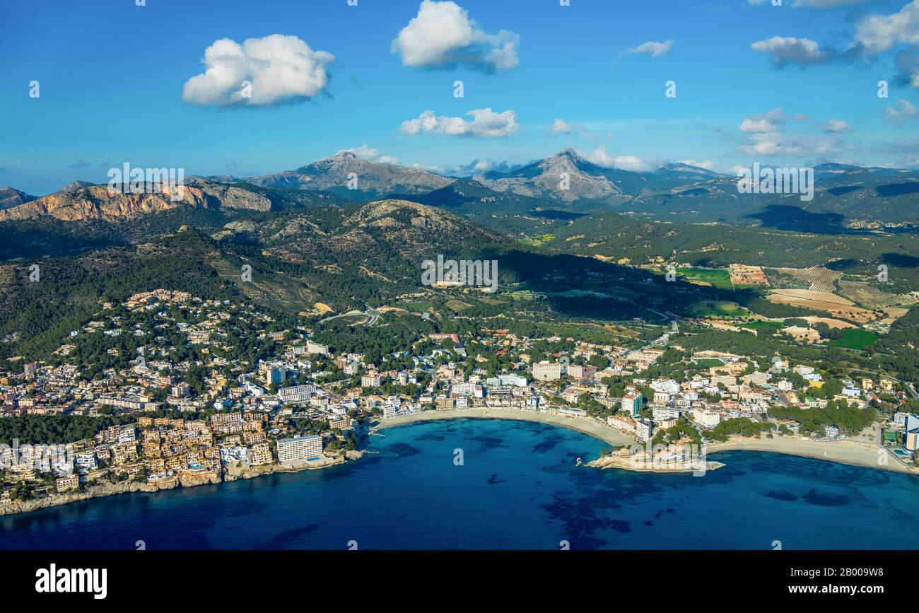 Aerial view, Playa Peguera, beach and hotel complexes, Tramuntana mountains, Paguera, Mallorca, Europe, Balearic Islands, Spain, Calvià, ES, Espana, l Stock Photo