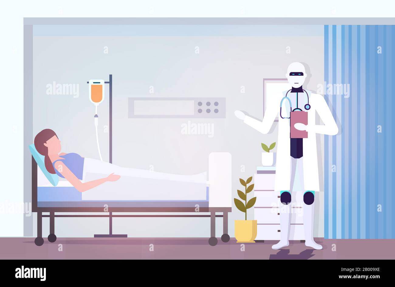 robot doctor visiting woman patient lying in bed artificial
