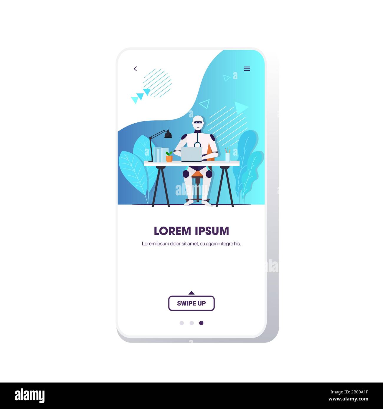modern robot using laptop robotic businessperson sitting at workplace artificial intelligence technology business concept smartphone screen mobile app full length copy space vector illustration Stock Vector