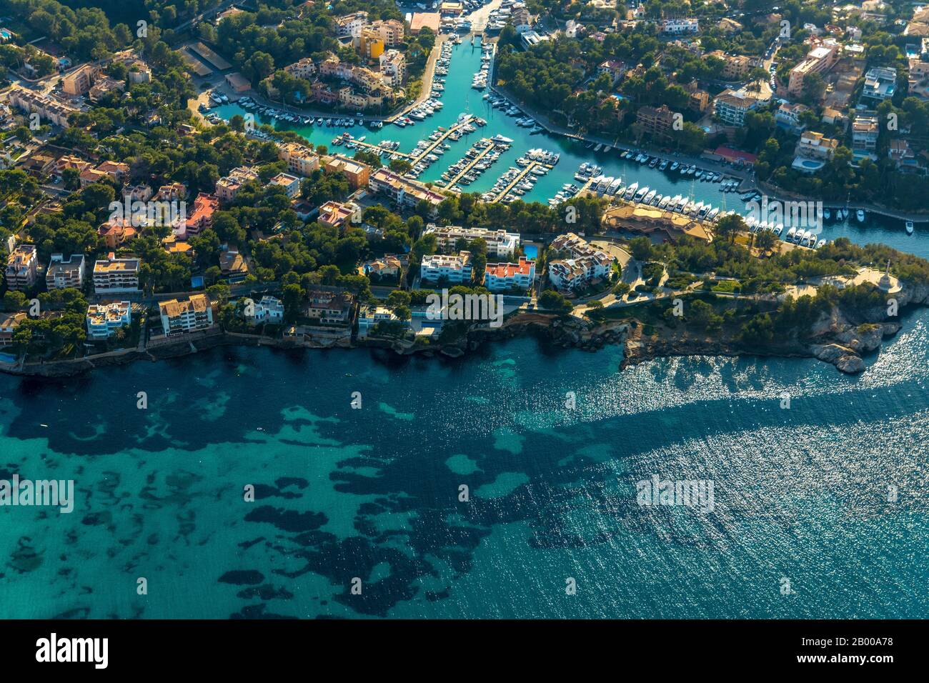 Aerial view, Port of Santa Ponsa, Santa Ponsa, Calvià, Majorca, Spain, Europe, Balearic Islands, boats, mooring, boat trips, jetty, boat rental, bay, Stock Photo