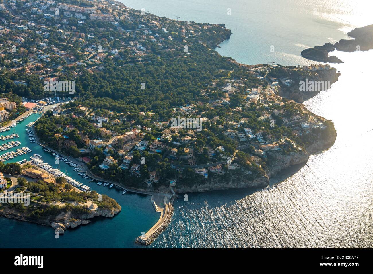 Aerial view, Port Santa Ponsa, Backlit view of Santa Ponsa, Calvià, Mallorca, Spain, Europe, Balearic Islands, ES, Espana, Travel, Destination, Santa Stock Photo