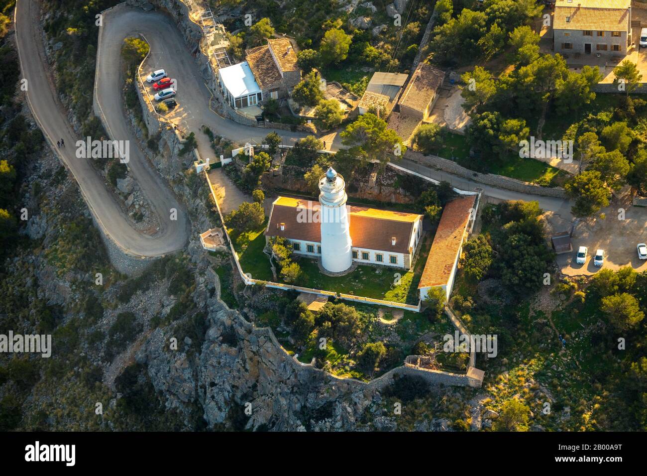 Aerial view, Far del Cap Gros, Lighthouse, Sóller, Mallorca, Spain, Europe, Balearic Islands, Calle Poligono, ES, Refugi De Muleta Lodge, Travel, Dest Stock Photo