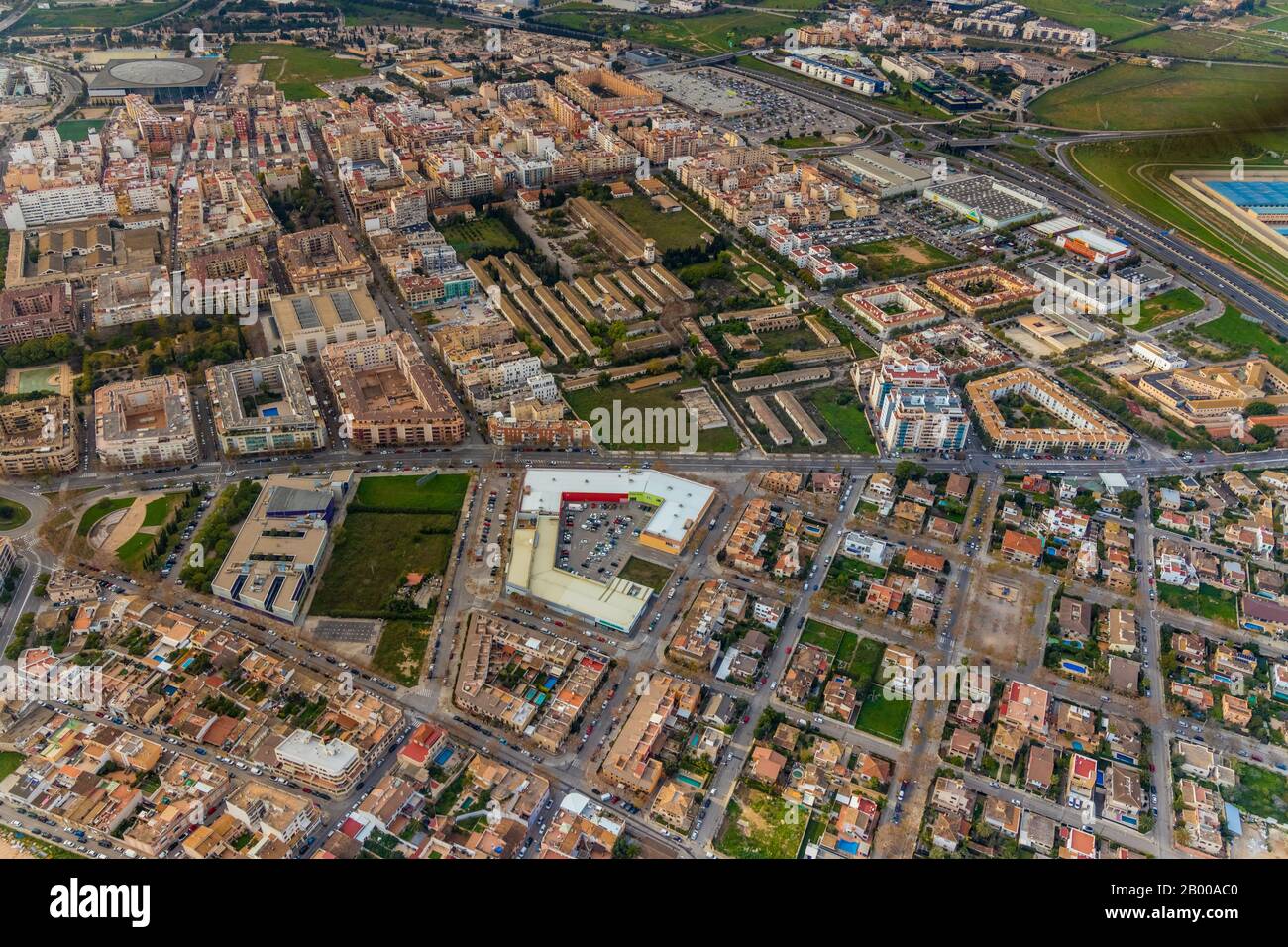 Aerial photo, residential and commercial area, Amanecer, Cas Capiscol, Palma, Mallorca, Spain, Europe, Balearic Islands, Arena, Consorci Velòdrom Ille Stock Photo