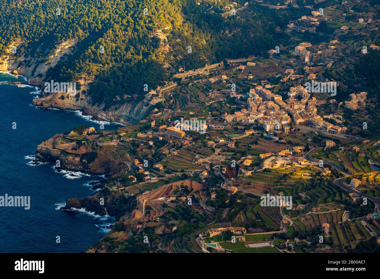 Aerial view, local view Banyalbufar, terraced landscape, Mallorca, Spain, Europe, Balearic Islands, Banyalbufar, ES, real estate, coast, coastal lands Stock Photo