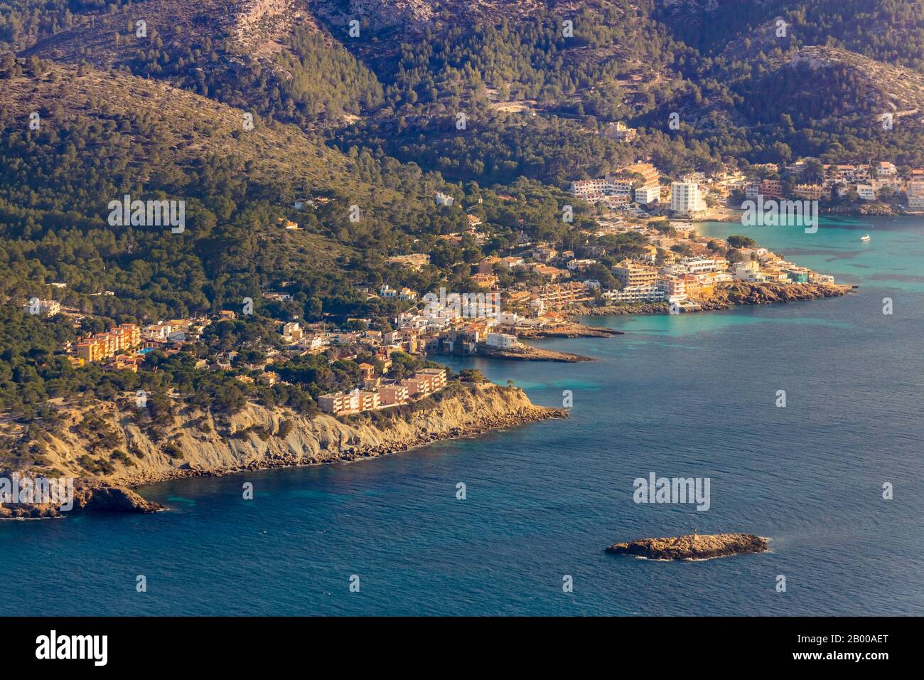 Aerial view, coastal region with hotel complexes Sant Elm, Andratx, Mallorca, Spain, Europe, Balearic Islands, Apartamentos Amores San Telmo, apartmen Stock Photo