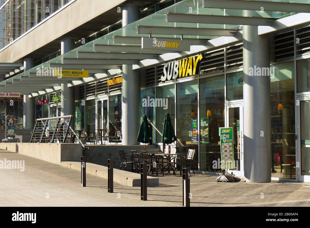 Vancouver, Canada - November 29, 2019: View of popular restaurant 'Subway' inside of Vancouver Convention Centre West during the sunny day Stock Photo