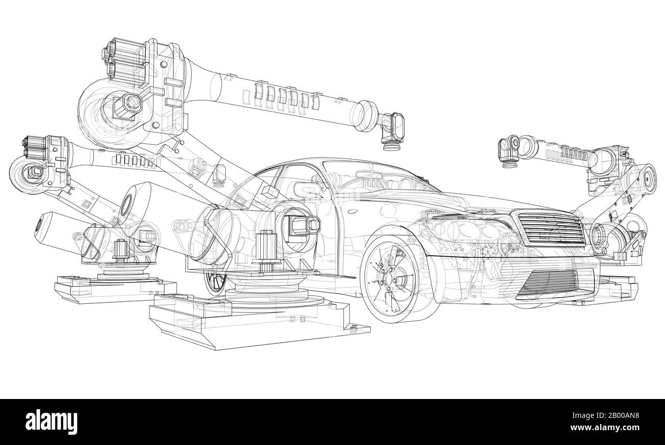 Assembly of motor vehicle. Robotic equipment makes Assembly of car. Blueprint style. Vector rendering from 3D model Stock Vector