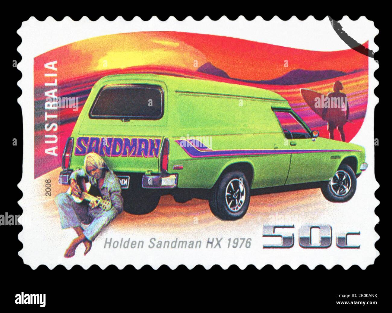 AUSTRALIA - CIRCA 2006: A stamp printed in Australia shows Holden Sandman HX - 1976 and man with guitar, circa 2006 Stock Photo