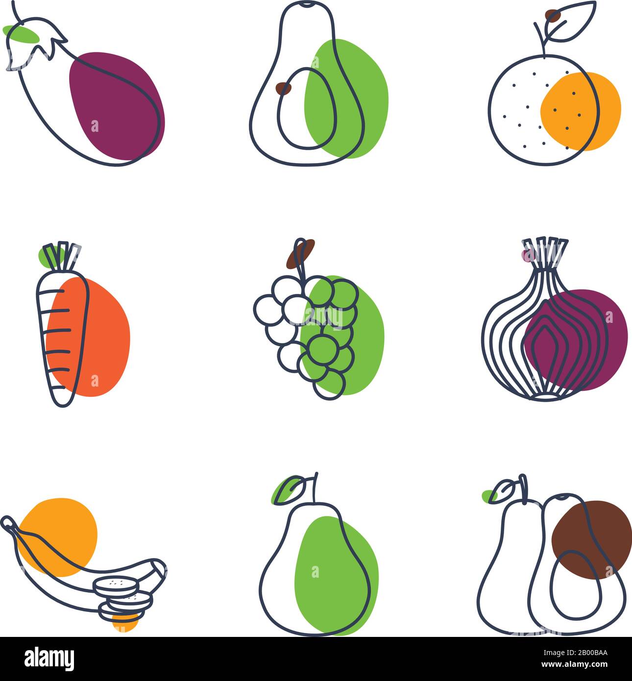 Fruits and vegetables line color style icon set design, healthy organic ...