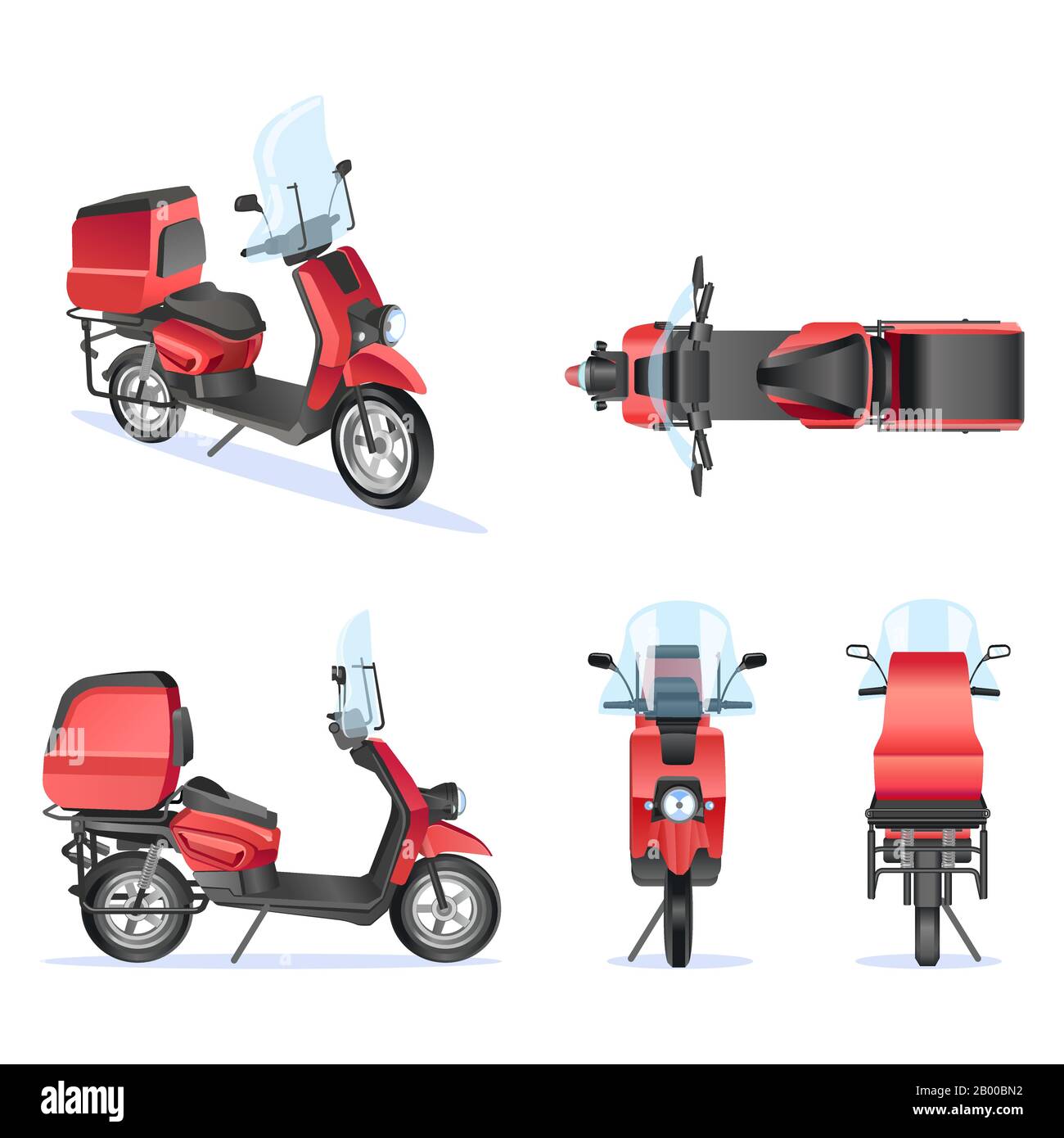 Motorbike 3d vector template for moped, motorbike branding and advertising. Isolated motorbike set on white background. View from side, front, back Stock Vector