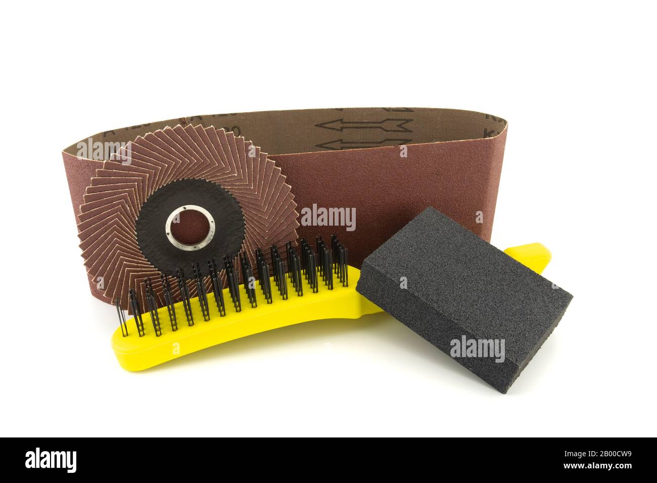 Set of different tools for grinding sanding belt, metal wire bristle