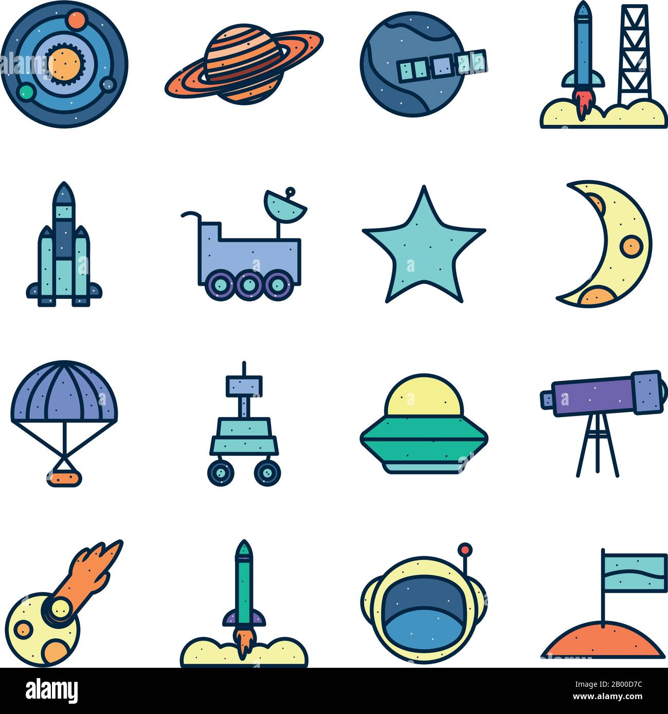 line fill style icon set of Space futuristic cosmos outside universe astronomy adventure and exploration theme Vector illustration Stock Vector