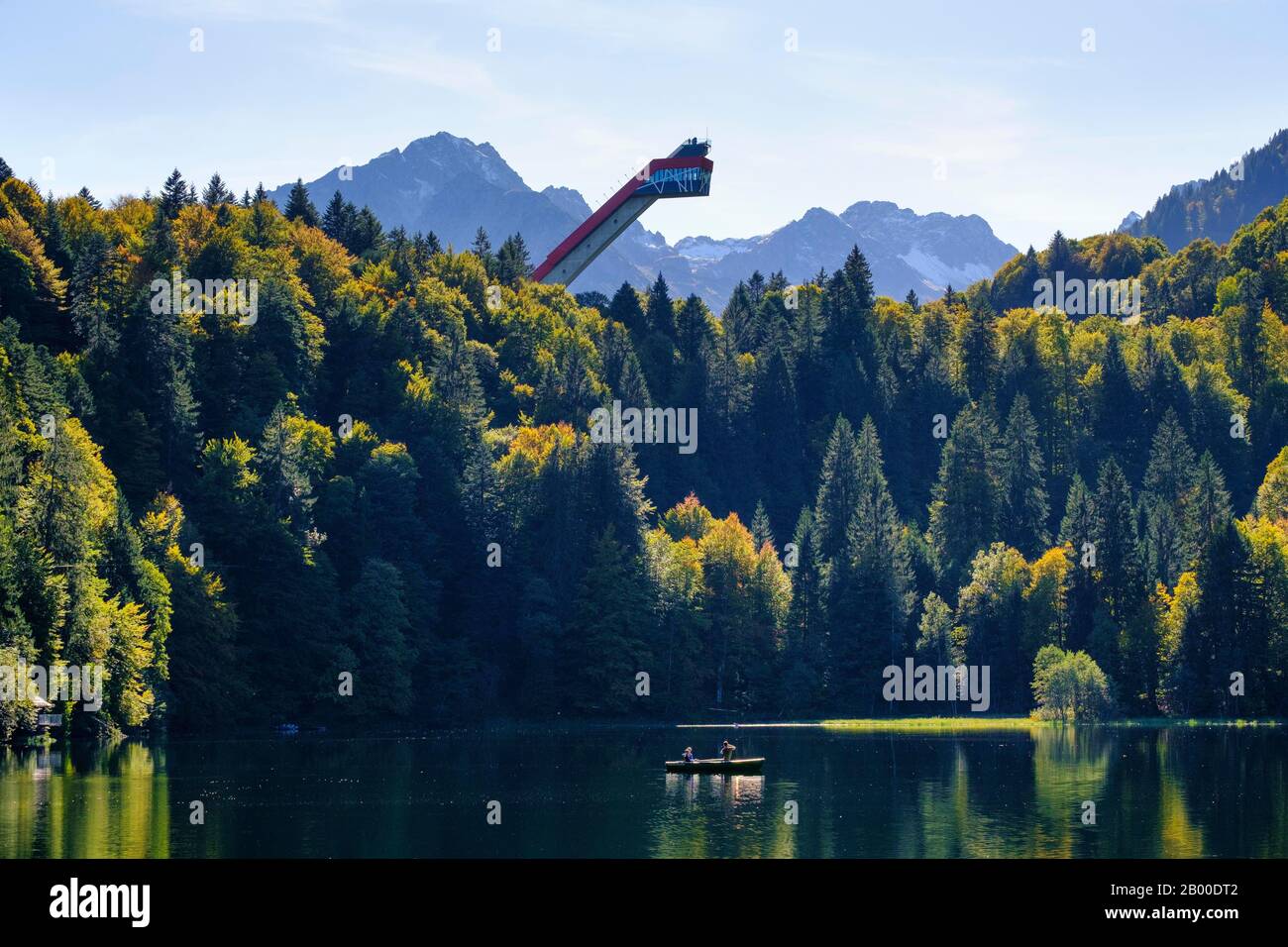 Lake Freiberg and Heini-Klopfer ski jump, near Oberstdorf, Oberallgaeu, Allgaeu, Swabia, Bavaria, Germany Stock Photo