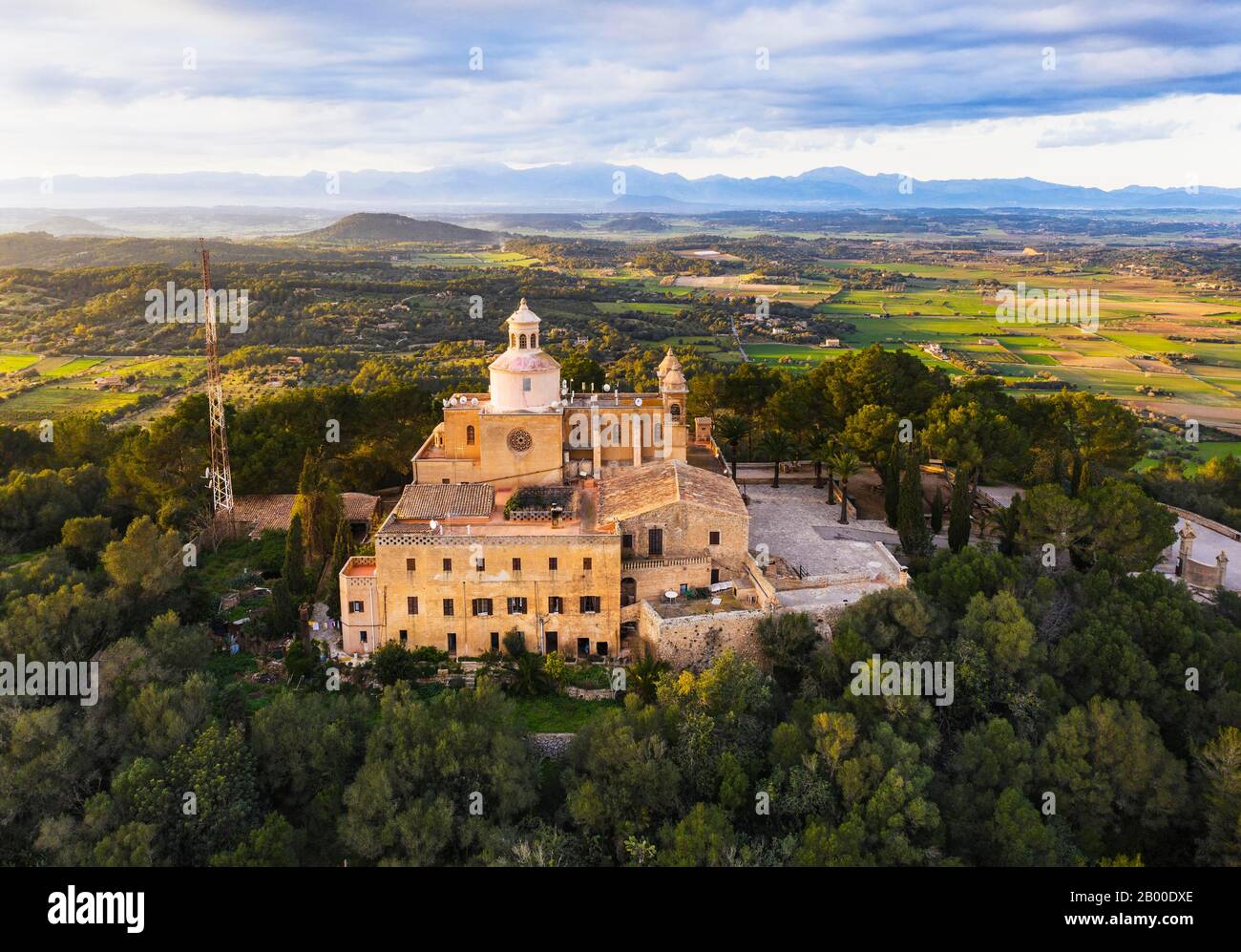 Monastery Santuari de Bonany in the evening light, near Petra, drone picture, Majorca, Balearic Islands, Spain Stock Photo