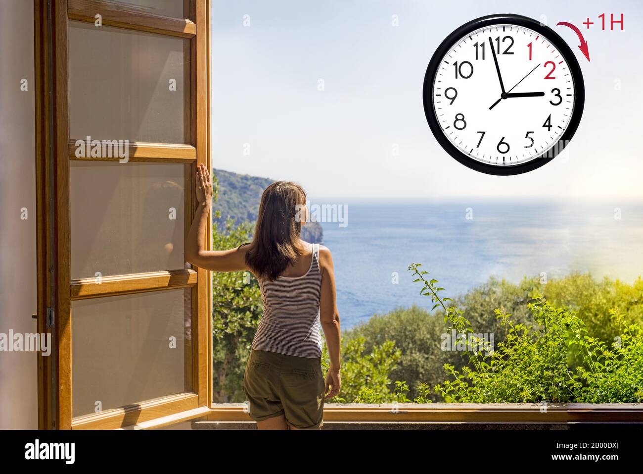 Daylight Saving Time (DST). Blue sky with white clouds and clock. Turn time forward (+1h). Stock Photo
