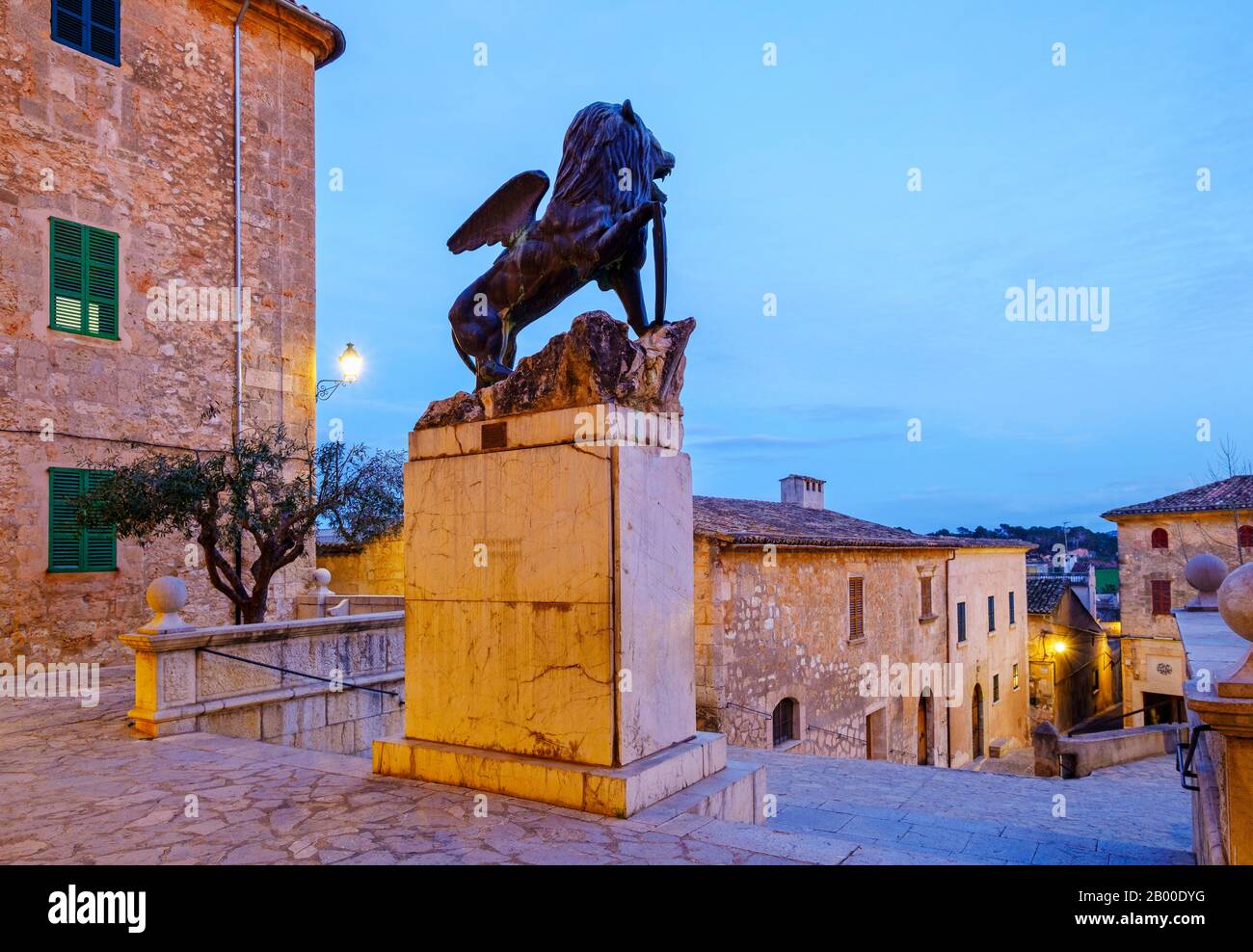 Monument Lleo de Sant Marc in the church square at dusk, Sineu old town, Majorca, Balearic Islands, Spain Stock Photo
