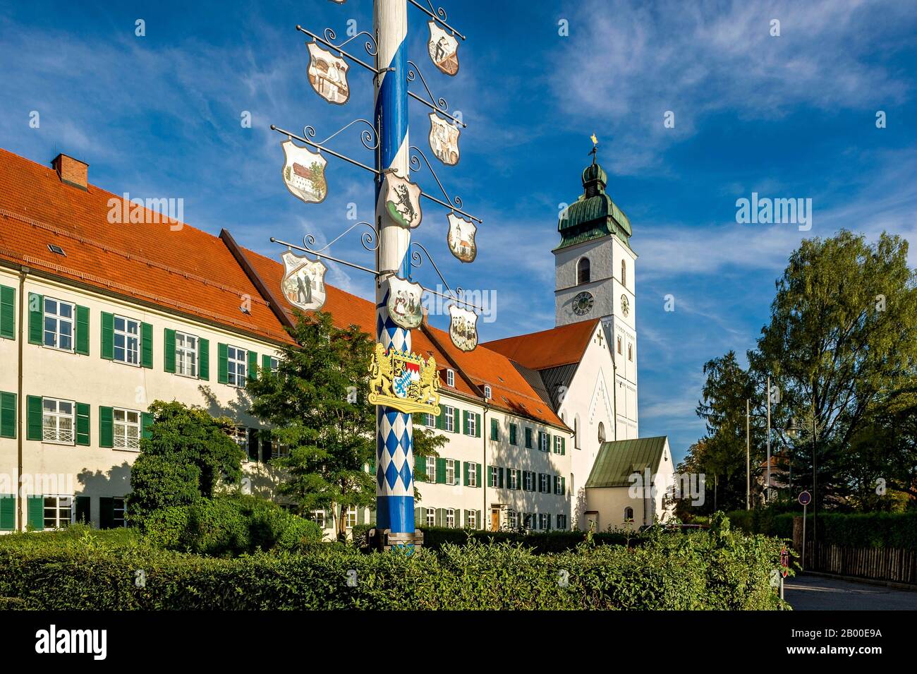Maypole with guild sign and Bavarian coat of arms, former Benedictine ...
