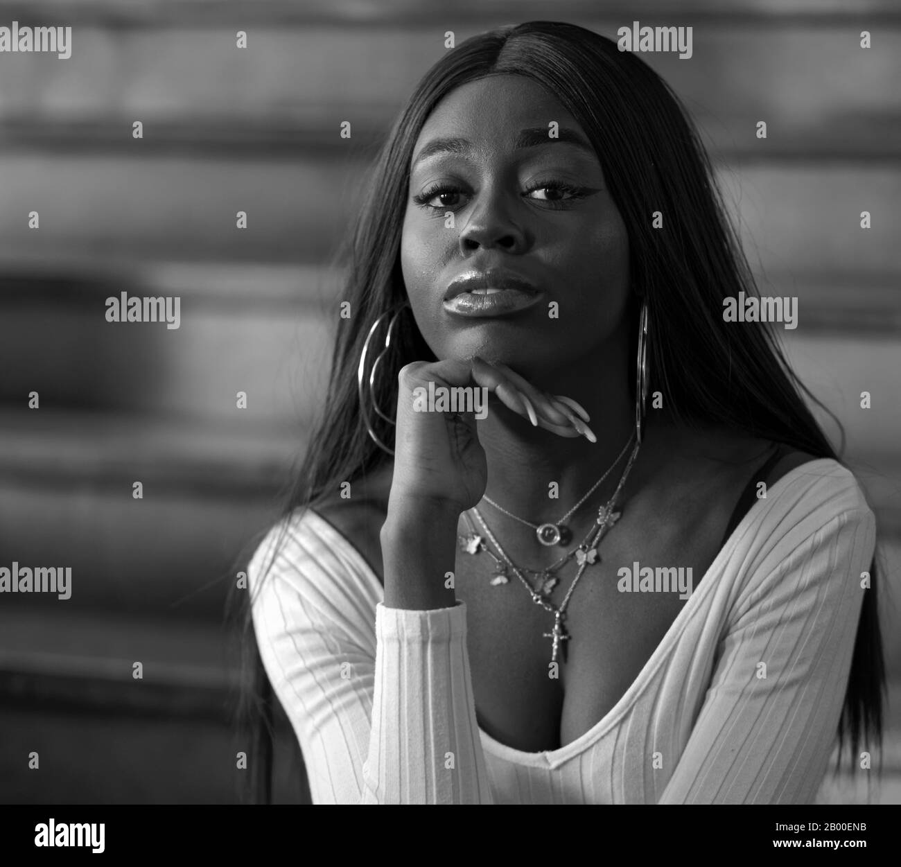 Dark-skinned young woman, portrait, black and white, Duesseldorf, Germany Stock Photo