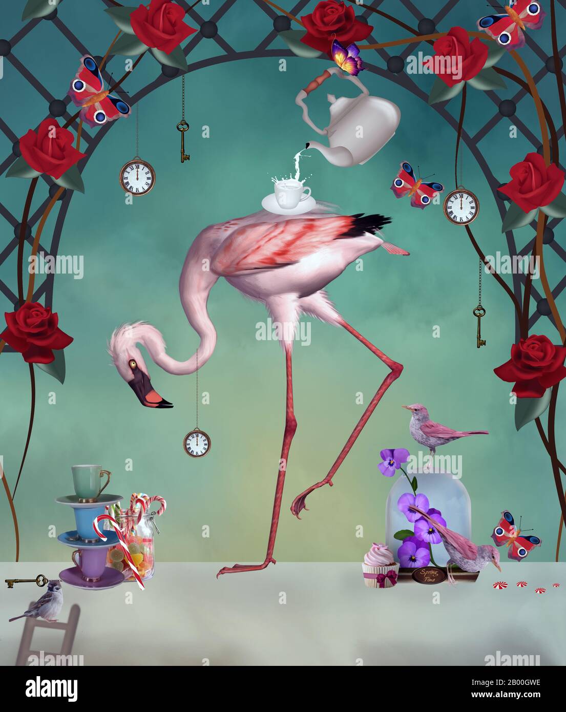 Wonderland party with a pink flamingo Stock Photo