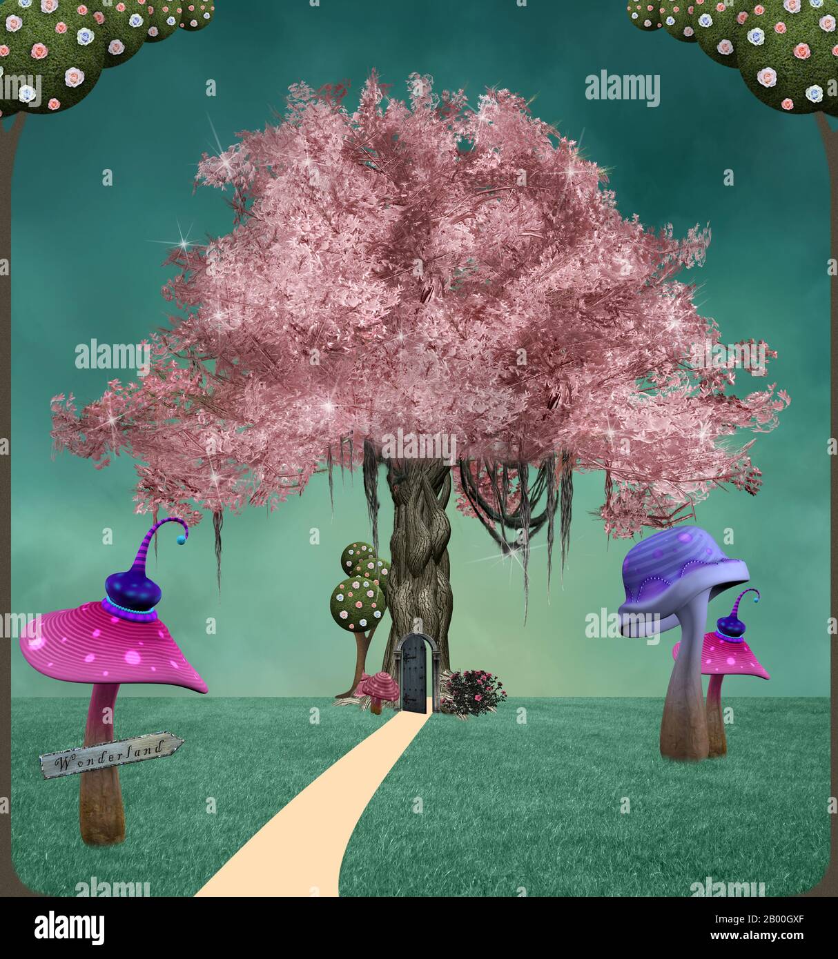 Pink tree in a fantasy garden with colorful mushrooms Stock Photo