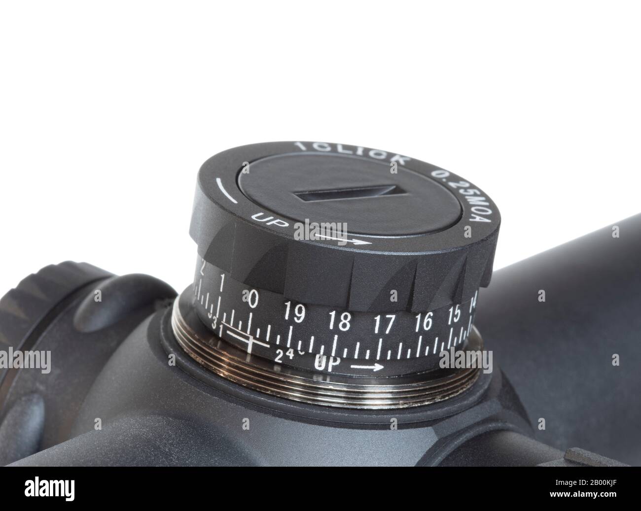 Elevation dial on a rifle scope that is isolated on white Stock Photo