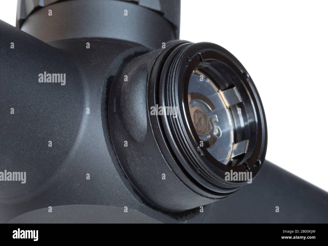 Battery compartment on a rifle scope isolated on white Stock Photo Alamy