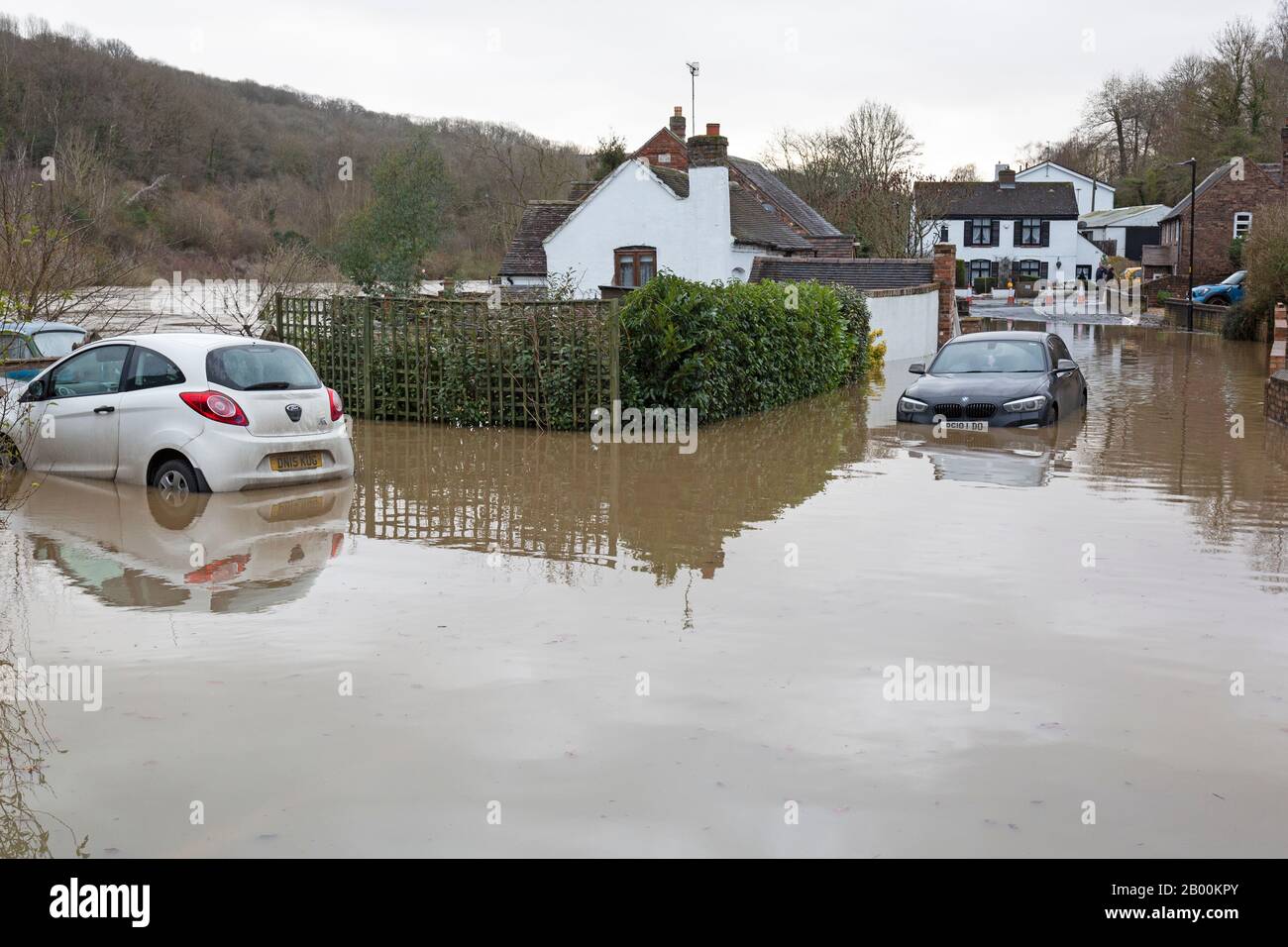 Jackfield, Shropshire, UK. 18th Feb 2020. As river levels continue to rise, the village of Jackfield in Shropshire, experiences its worst flooding in 20 years, as the River Severn bursts its banks, flooding houses and businesses. Credit: Rob Carter/Alamy Live News Stock Photo