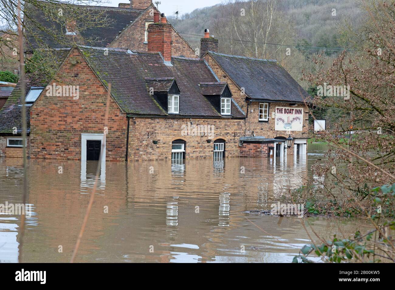 The Boat Inn, Jackfield, Shropshire, UK. 18th Feb 2020. As river levels continue to rise, the village of Jackfield in Shropshire, experiences its worst flooding in 20 years, as the River Severn bursts its banks, flooding houses and businesses. Credit: Rob Carter/Alamy Live News Stock Photo