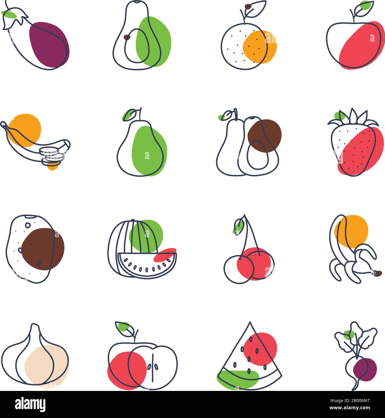 Fruits and vegetables line color style icon set design, healthy organic ...